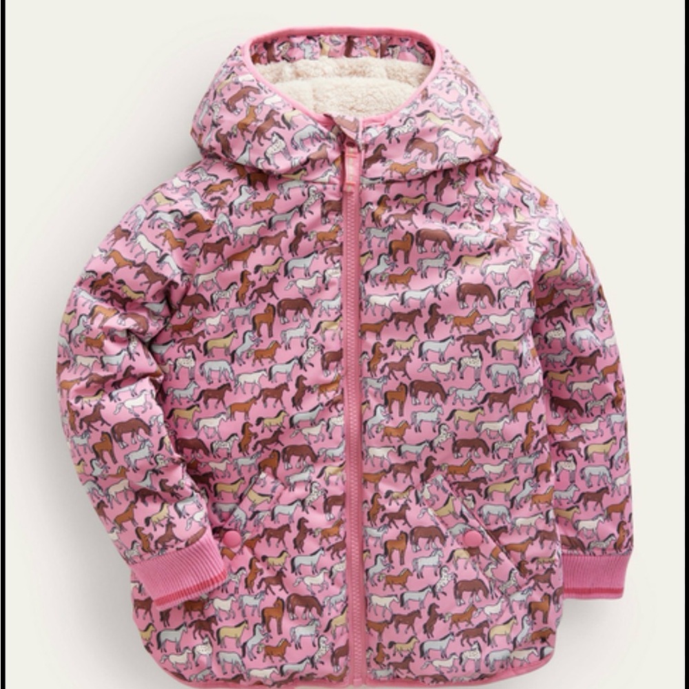 Boden. Pink Horse Print Hooded Puffer Jacket